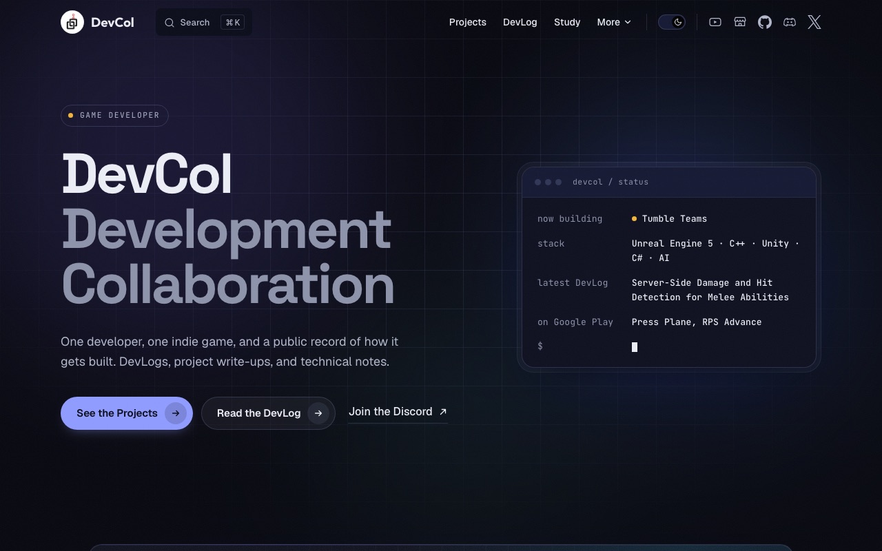 The devcol.net home page in dark mode
