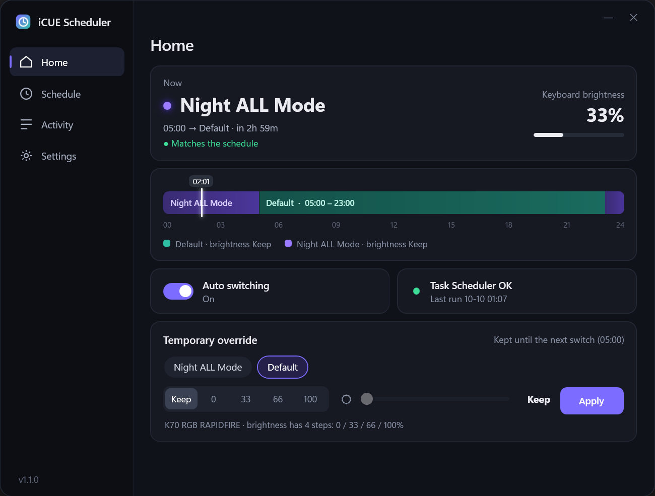 iCUE Scheduler home tab